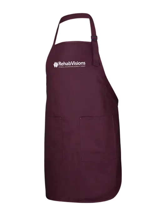 Full-Length Maroon Apron With Pockets w/RehabVisions Logo