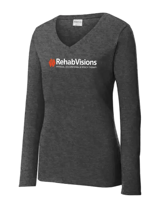 Womens  V-Neck Ring Spun Dark Heather Grey 4.5 oz Long Sleeve T-Shirt w/RehabVisions Logo