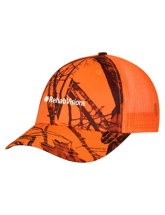 Blaze/Neon Orange Mossy Oak Camo Mesh Trucker Cap Snap Back w/RehabVisions Logo