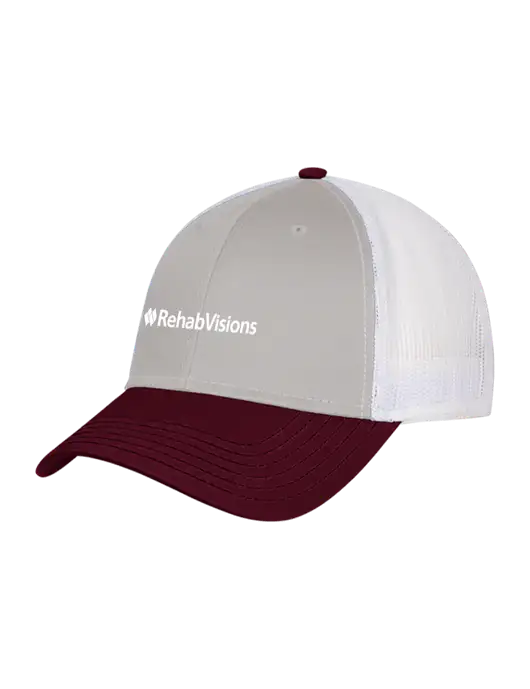 Maroon/Heather Grey/White Mesh Trucker Cap Snap Back w/RehabVisions Logo