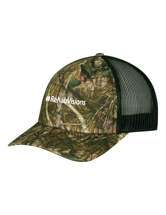 Mossy Oak Break Up Country/Black Mesh Trucker Cap w/Snap Back  w/RehabVisions Logo