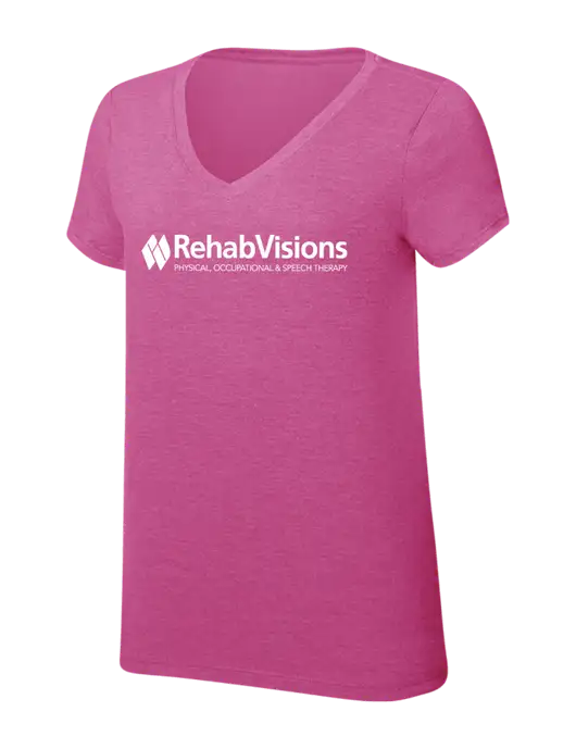 Womens Simply Soft V-Neck Fuschia Frost 4.5oz  Poly/Combed Ring Spun Cotton T-Shirt w/RehabVisions Logo