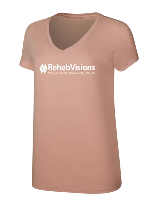 Womens Simply Soft V-Neck Heather Dusty Peach 4.5oz  Poly/Combed Ring Spun Cotton T-Shirt w/RehabVisions Logo