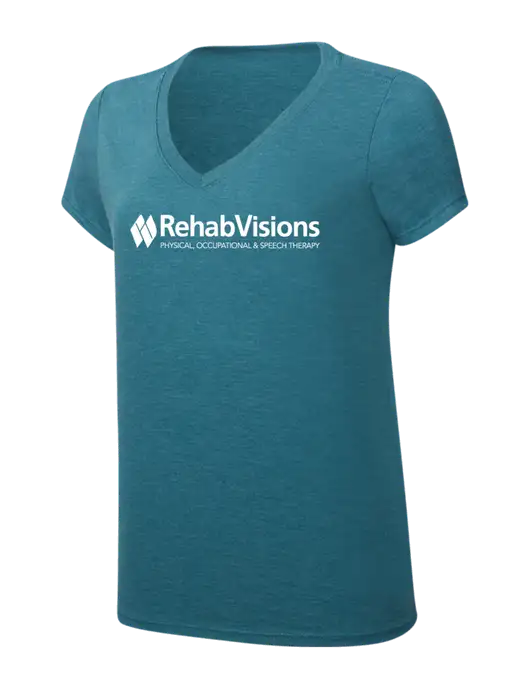 Womens Simply Soft V-Neck Heather Teal 4.5oz  Poly/Combed Ring Spun Cotton T-Shirt w/RehabVisions Logo