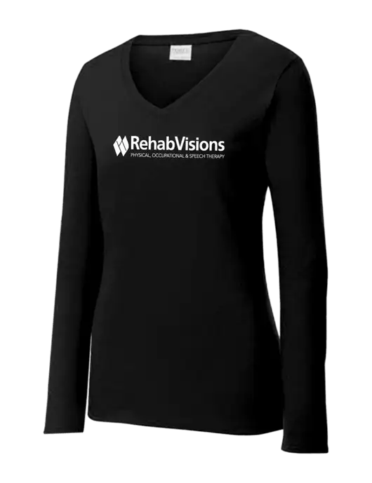 Womens V-Neck Ring Spun Jet Black 4.5 oz Long Sleeve T-Shirt w/RehabVisions Logo
