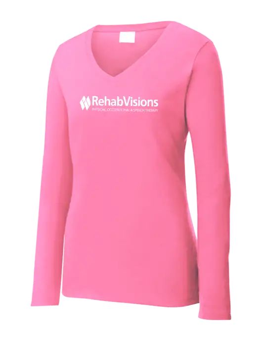Womens  V-Neck Ring Spun Pink 4.5 oz Long Sleeve T-Shirt w/RehabVisions Logo