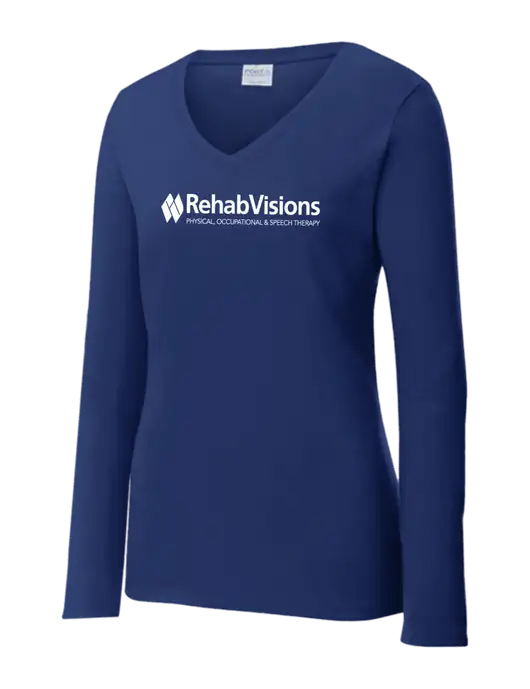 Womens  V-Neck Ring Spun Navy 4.5 oz Long Sleeve T-Shirt w/RehabVisions Logo