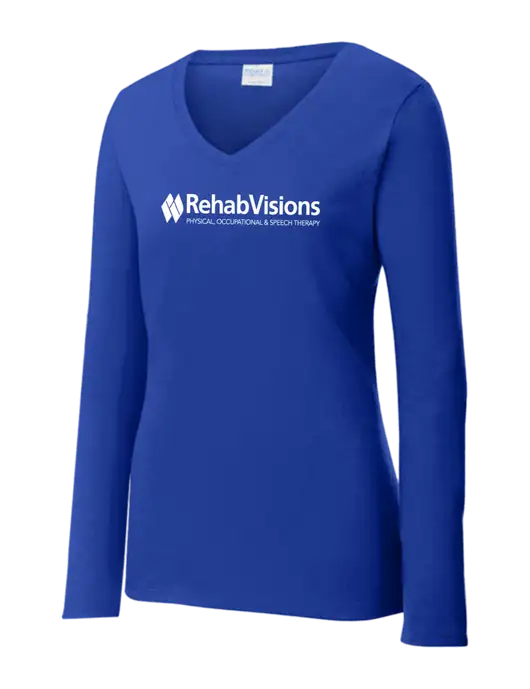 Womens  V-Neck Ring Spun Royal 4.5 oz Long Sleeve T-Shirt w/RehabVisions Logo