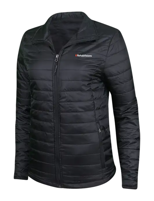 Womens Black Puffy Packable Jacket w/RehabVisions Logo