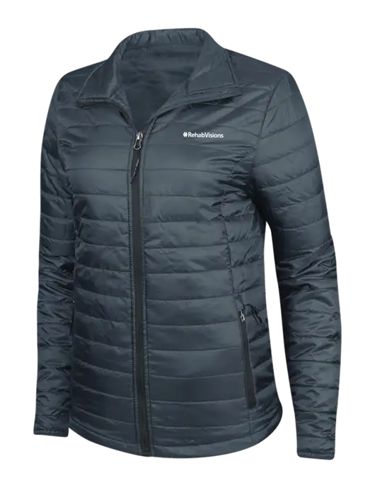 Navy Womens Puffy Packable Jacket w/RehabVisions Logo