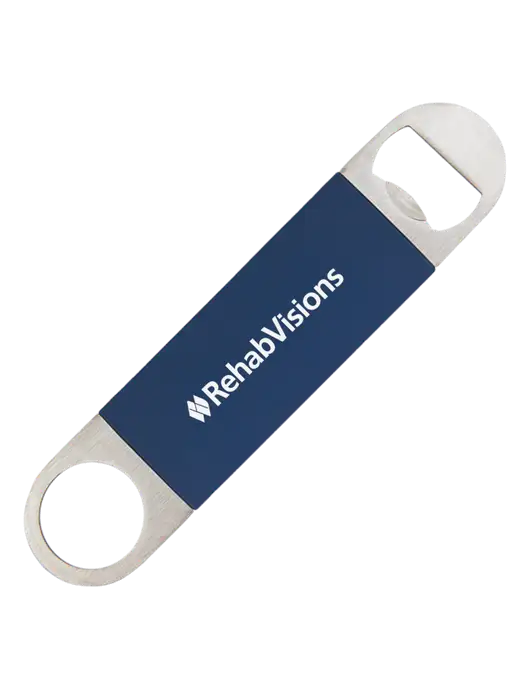 Navy Bottle Opener with Silicone Grip w/RehabVisions Logo