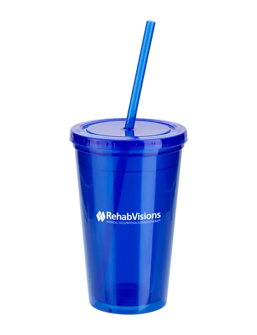Sorrento Blue 16 oz Tumbler with Lid & Straw w/RehabVisions Logo