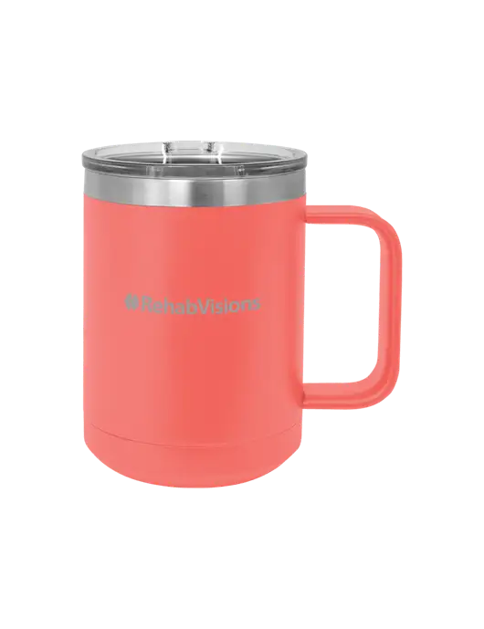 Polar Camel 15 oz Powder Coated Coral Vacuum Insulated Mug with Slider Lid w/RehabVisions Logo
