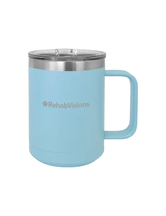 Polar Camel 15 oz Powder Coated Light Blue Vacuum Insulated Mug with Slider Lid w/RehabVisions Logo