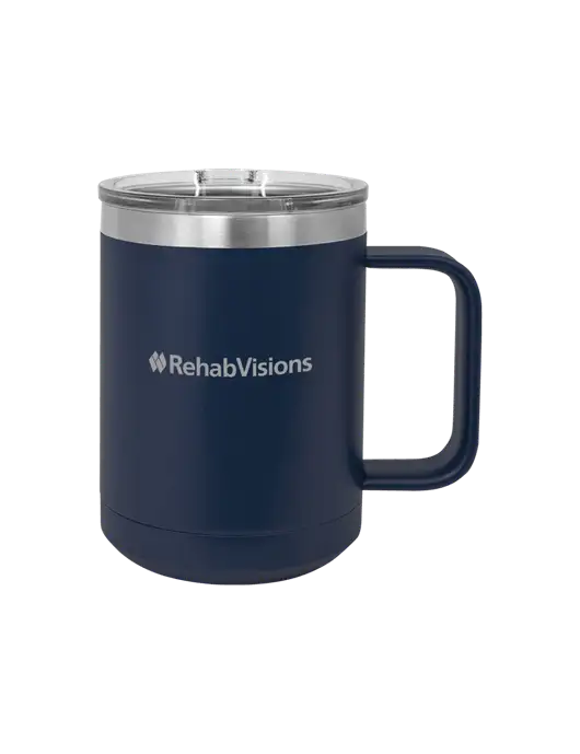 Polar Camel 15 oz Powder Coated Navy Vacuum Insulated Mug with Slider Lid w/RehabVisions Logo