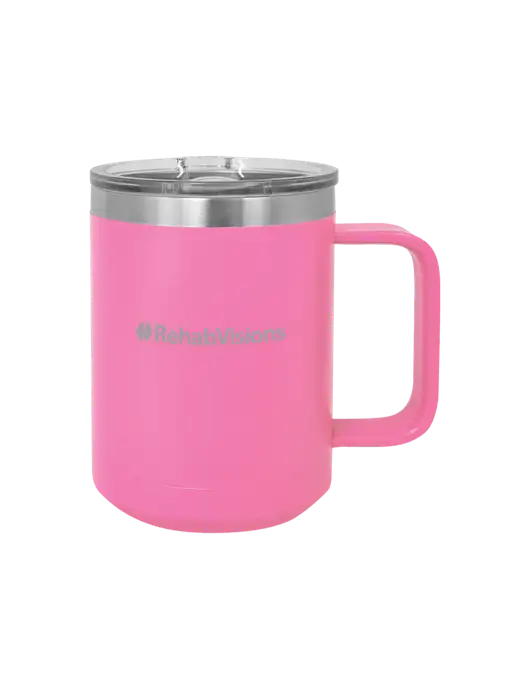 Polar Camel 15 oz Powder Coated Pink Vacuum Insulated Mug with Slider Lid w/RehabVisions Logo