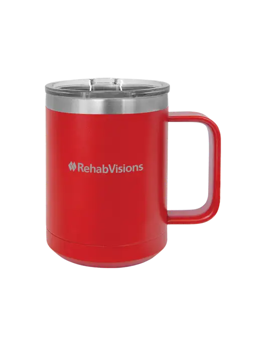 Polar Camel 15 oz Powder Coated Red Vacuum Insulated Mug with Slider Lid w/RehabVisions Logo
