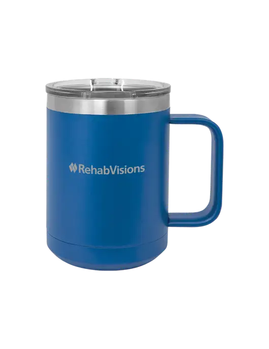 Polar Camel 15 oz Powder Coated Royal Vacuum Insulated Mug with Slider Lid w/RehabVisions Logo