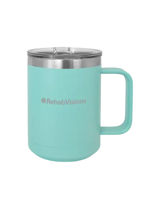 Polar Camel 15 oz Powder Coated Seafoam Vacuum Insulated Mug with Slider Lid w/RehabVisions Logo