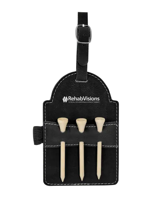 Black Leatherette Golf Bag Tag with 3 Wooden Tees w/RehabVisions Logo