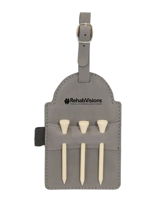 Grey Leatherette Golf Bag Tag with 3 Wooden Tees w/RehabVisions Logo