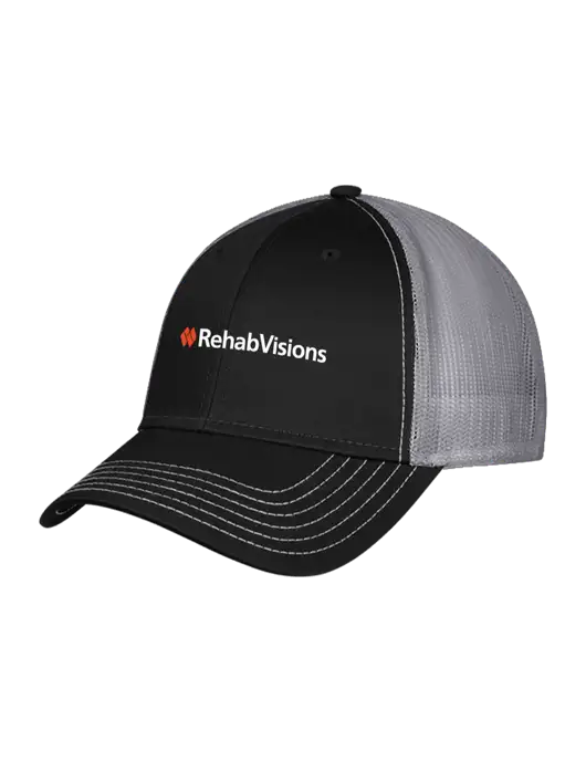Black/Medium Dark Grey Mesh Trucker Cap Snap Back w/RehabVisions Logo