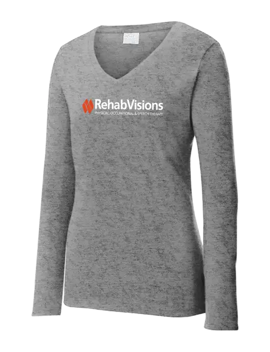 Womens  V-Neck Ring Spun Grey Heather 4.5 oz Long Sleeve T-Shirt w/RehabVisions Logo