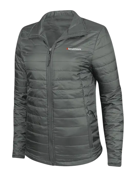 Dark Grey Womens Puffy Packable Jacket w/RehabVisions Logo