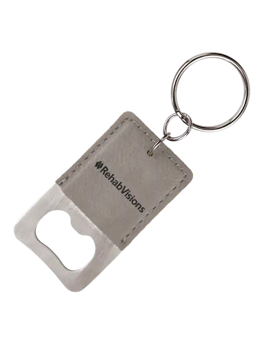 Grey Leatherette Rectangle Bottle Opener Keychain w/RehabVisions Logo