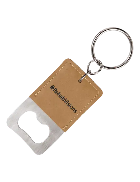 Tan Leatherette Rectangle Bottle Opener Keychain w/RehabVisions Logo