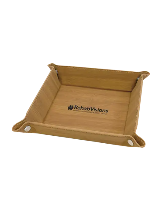 Bamboo Leatherette Valet Tray, 6 x 6 w/RehabVisions Logo