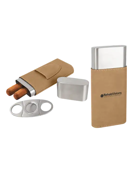 Tan Leatherette Cigar Case with Cutter w/RehabVisions Logo