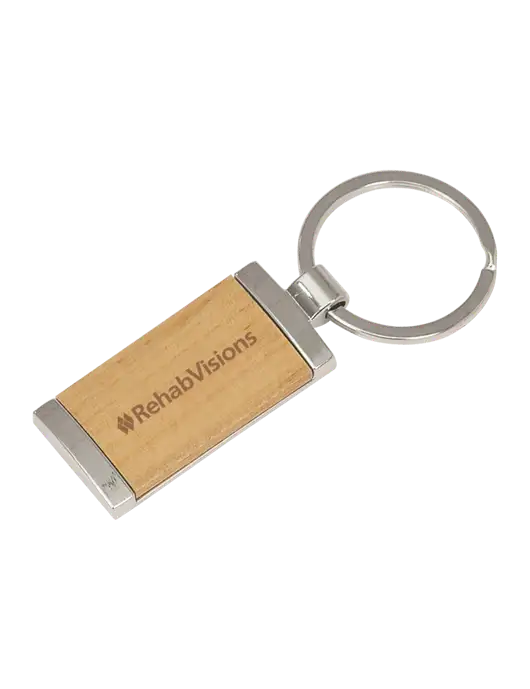 Wood & Silver Rectangle Keychain w/RehabVisions Logo
