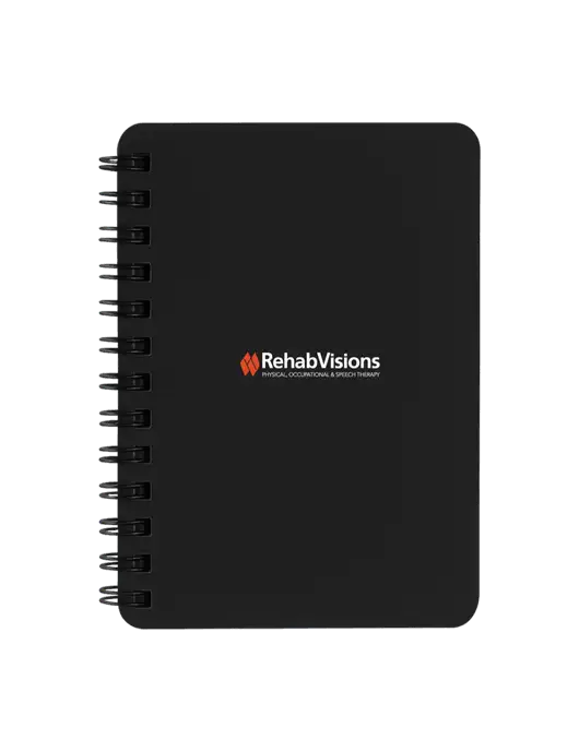 Sturdy Black Hardcover Notebook, 5.25 x 7 w/RehabVisions Logo