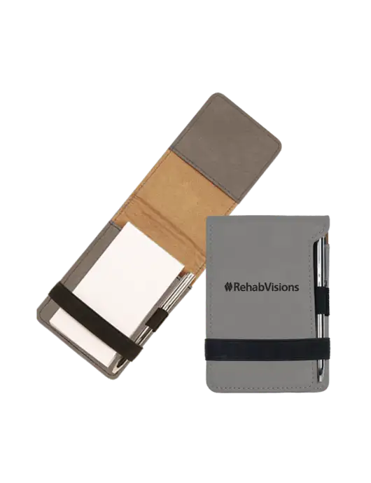 Grey Leatherette Mini Notepad with Pen,  3.25 x 4.75 w/RehabVisions Logo