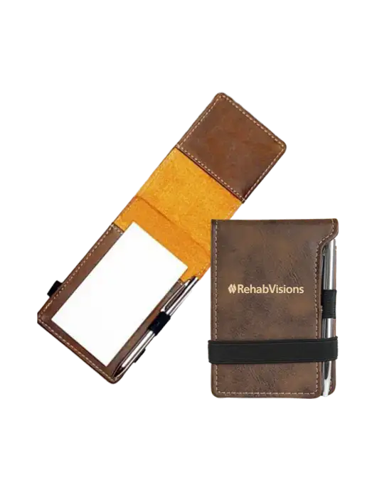 Rustic Leatherette Mini Notepad w/Pen, 3.25 x 4.75 w/RehabVisions Logo