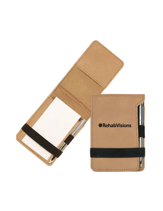 Tan Leatherette Mini Notepad with Pen,  3.25 x 4.75 w/RehabVisions Logo