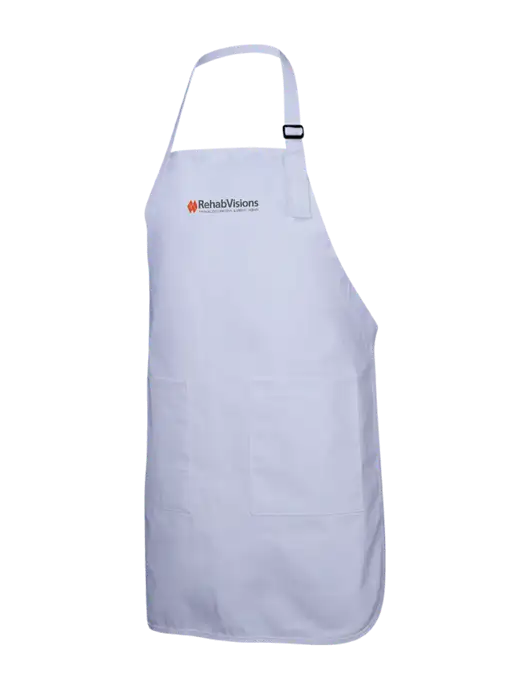 Full-Length White Apron With Pockets w/RehabVisions Logo