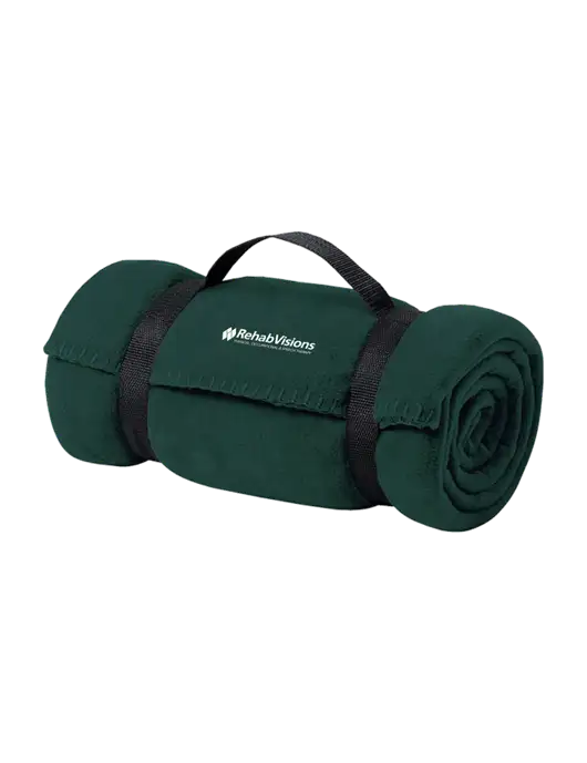 Casual Dark Green Fleece Blanket With Strap w/RehabVisions Logo