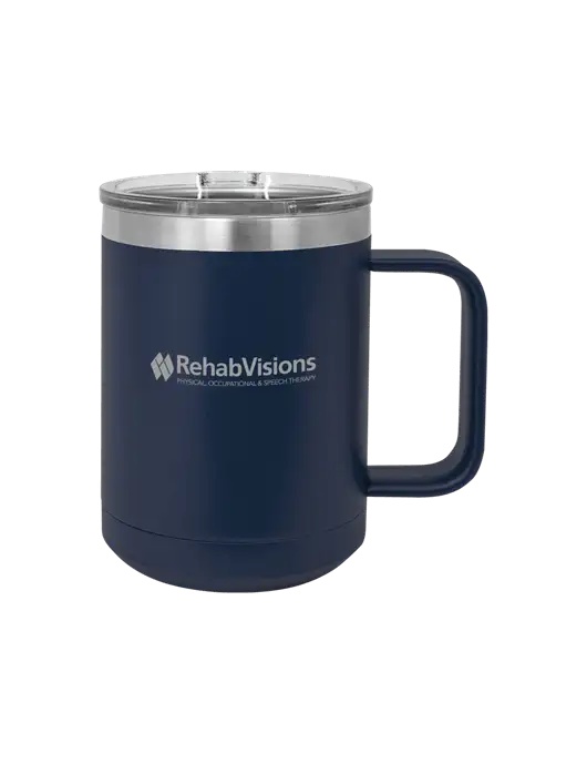 Polar Camel 15 oz Powder Coated Navy Vacuum Insulated Mug with Slider Lid w/RehabVisions Logo