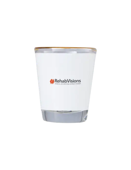 1.5 oz Shot Glass w/Gold Rim w/RehabVisions Logo