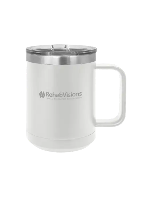 Polar Camel 15 oz Powder Coated White Vacuum Insulated Mug with Slider Lid w/RehabVisions Logo