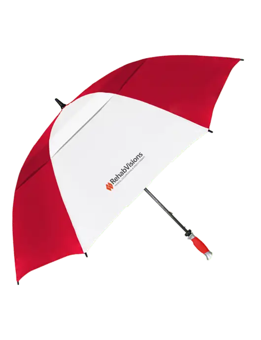 Red/White Vented Typhoon Tamer Golf Umbrella w/RehabVisions Logo