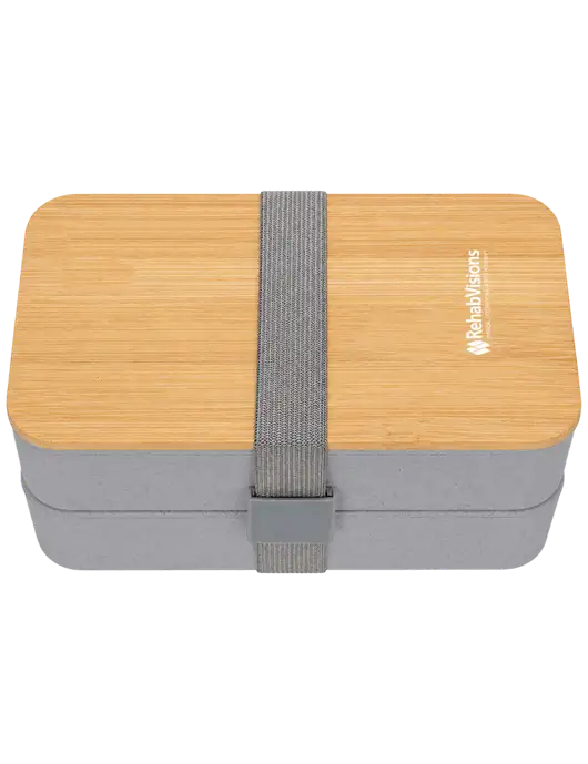 Double Decker Light Medium Grey Lunch Box w/Eco-Friendly FSC Bamboo Lid & Reusable Utensils w/RehabVisions Logo