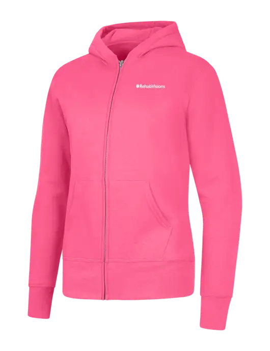 Neon Pink Womens Core Fleece Full-Zip Hooded Sweatshirt w/RehabVisions Logo