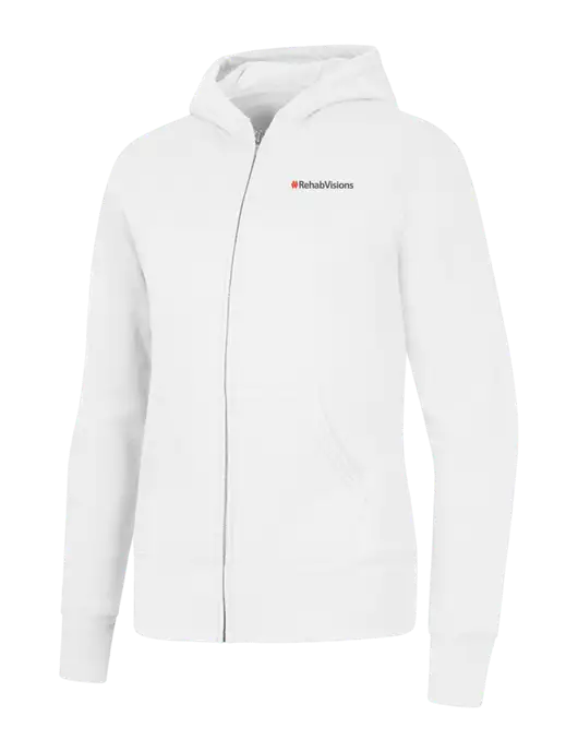 White Womens Core Fleece Full-Zip Hooded Sweatshirt w/RehabVisions Logo