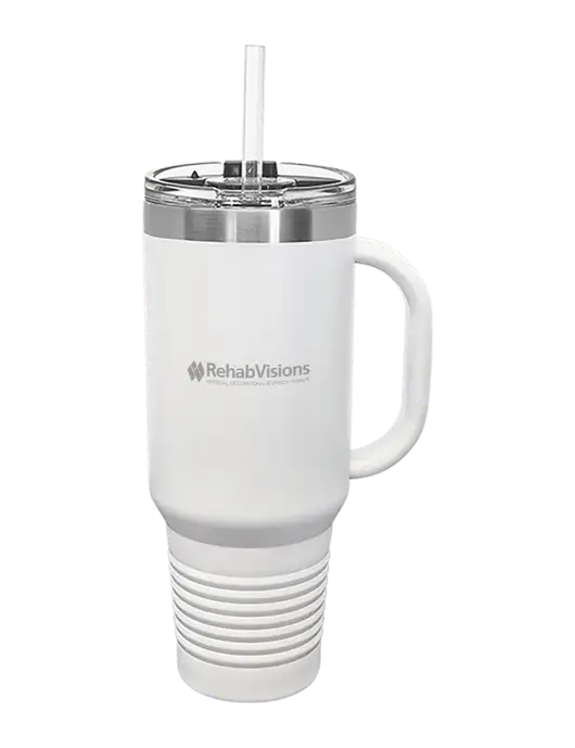 Polar Camel 40 oz. Powder Coated Vacuum Insulated White Travel Mug with Straw w/RehabVisions Logo