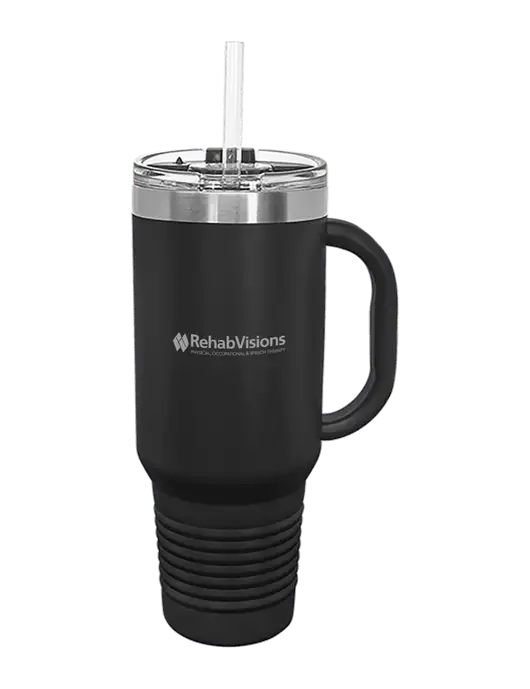 Polar Camel 40 oz. Powder Coated Vacuum Insulated Black Travel Mug with Straw w/RehabVisions Logo