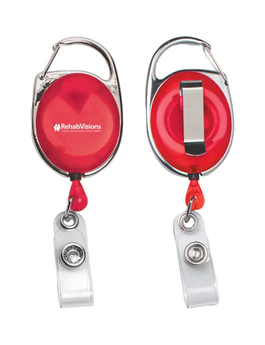 Red Carabiner Style Badge Reel and Badge Holder w/RehabVisions Logo