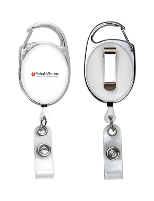 White Carabiner Style Badge Reel and Badge Holder w/RehabVisions Logo